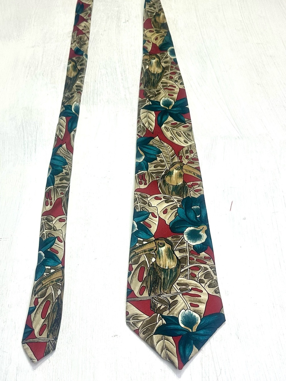 Vintage Oscar de la Renta Toucan Tropical Floral Silk Tie 90s Novelty - Picture 4 of 9